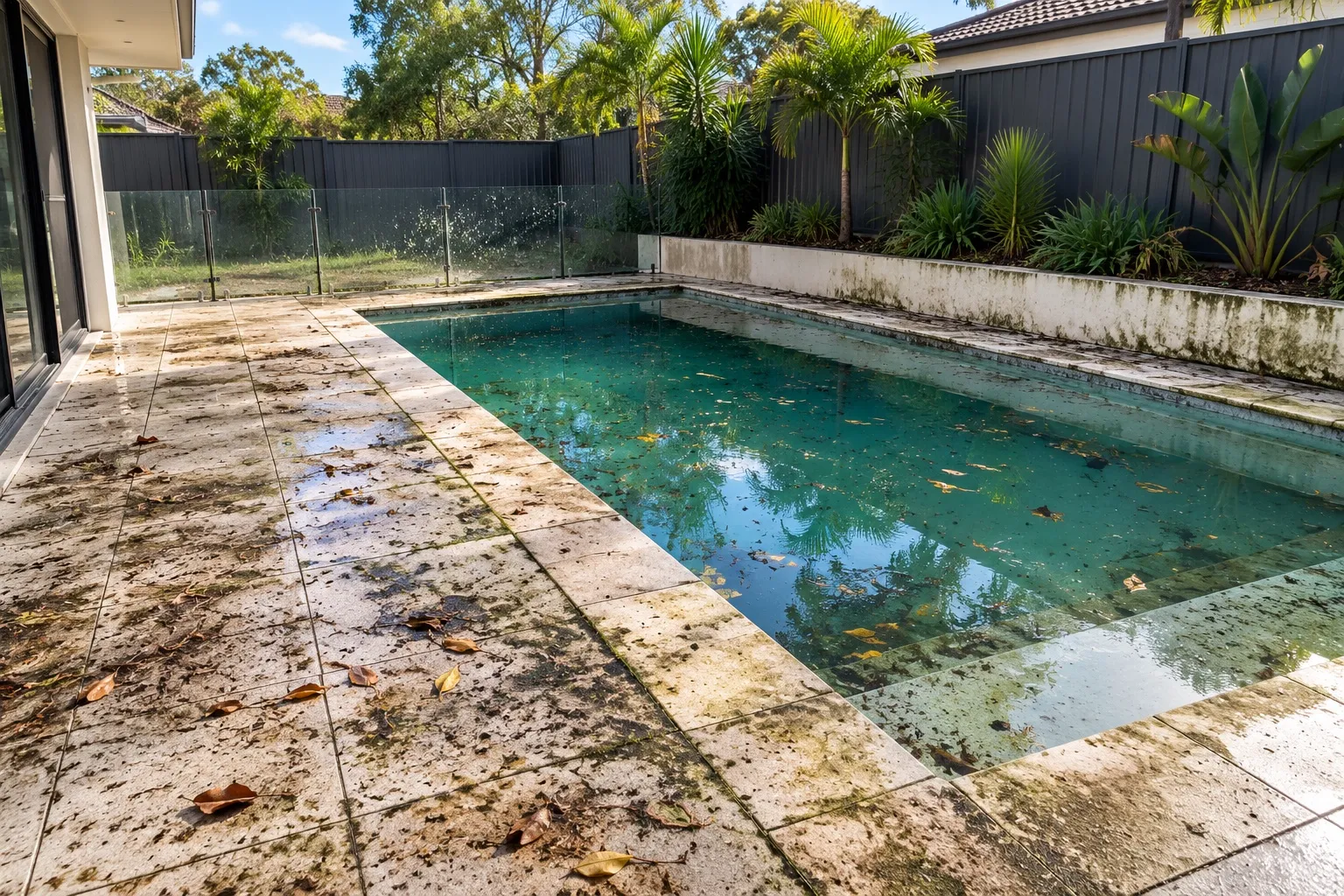 Dirty pool area before cleaning